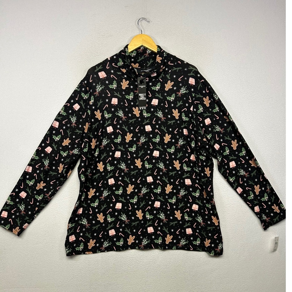 Christmas Holiday Inner Circle Women 3X Black Gingerbread Mock Neck Top